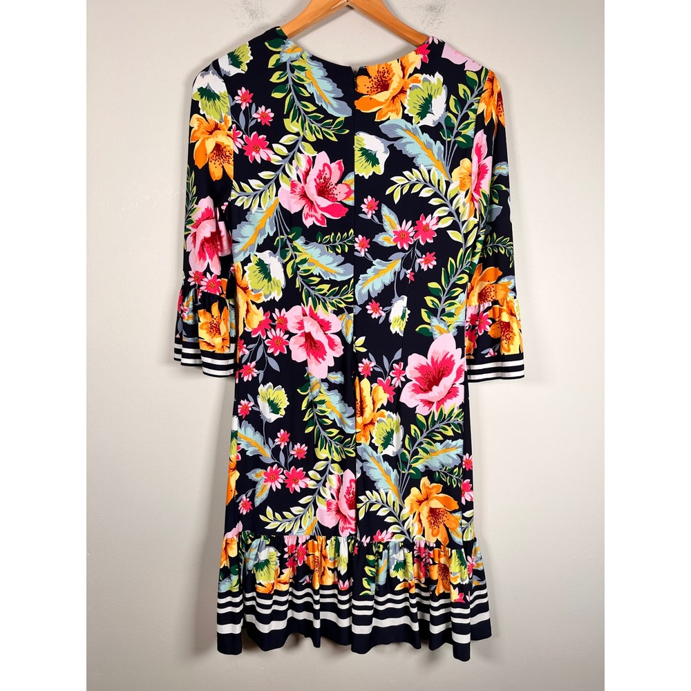 Eliza J Shift Dress Women 6 Navy Blue Floral Striped Bell Sleeve Ruffle Hem - Picture 4 of 7